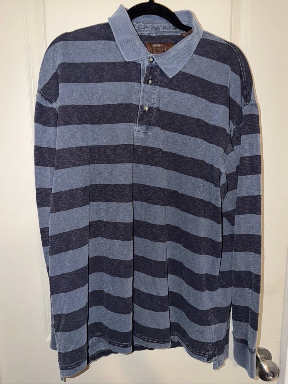 Bob Timberlake Mens Striped  Cotton Long Sleeve Polo Shirt L Blue & Navy